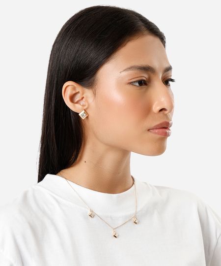 kit de colar e brincos com brilhos dourado UNICO