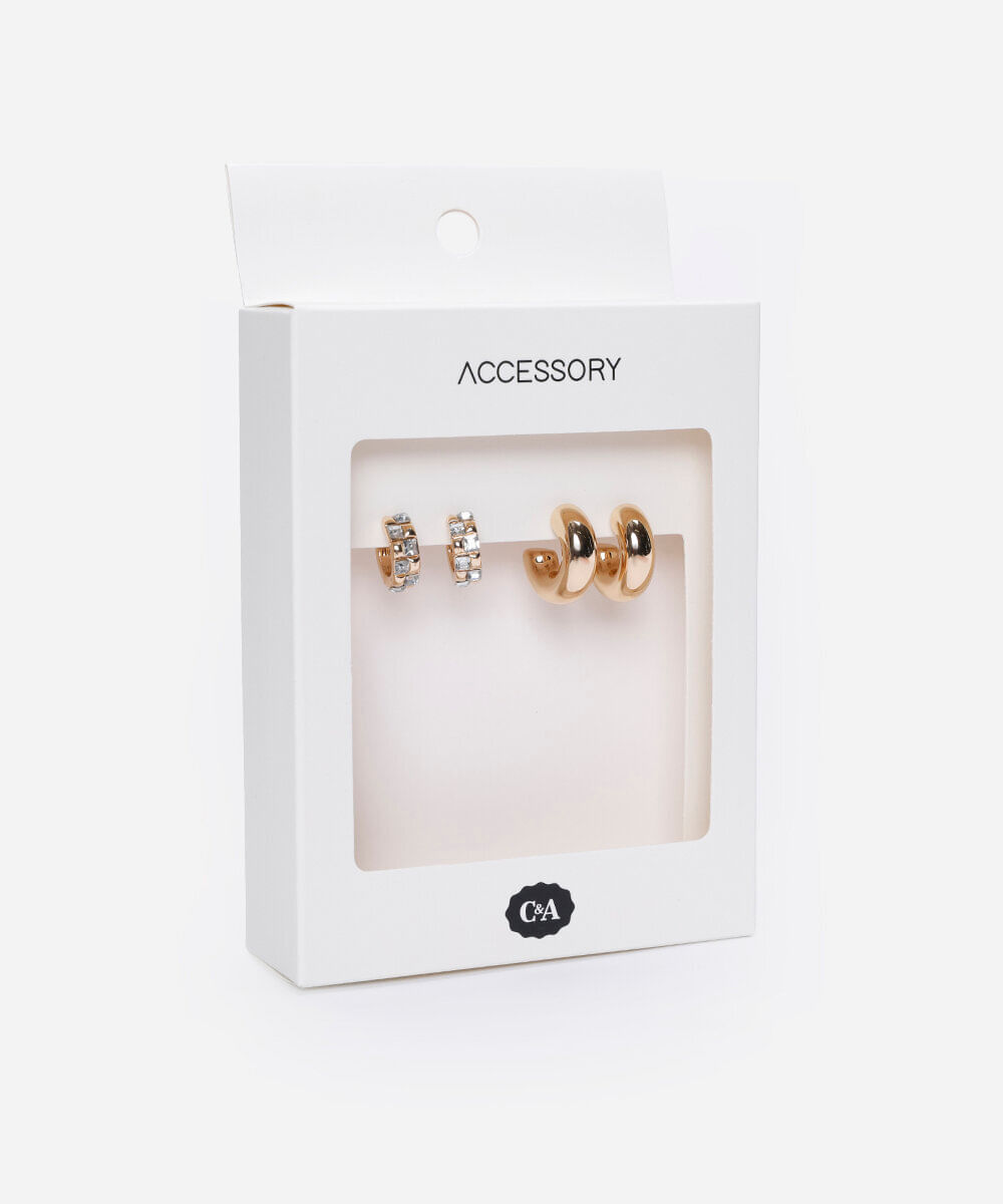 kit de 2 brincos argolas com brilhos dourado