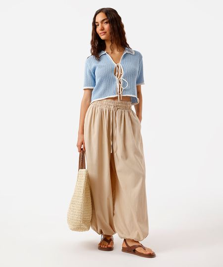 calça aladim feminina de sarja cós elástico bege M calça aladim feminina de sarja cós elástico bege M