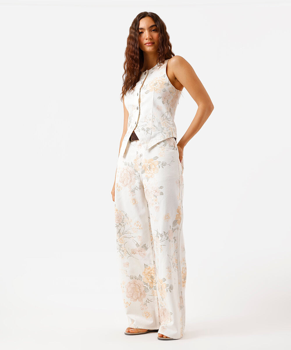 calça wide leg feminina de sarja floral off white