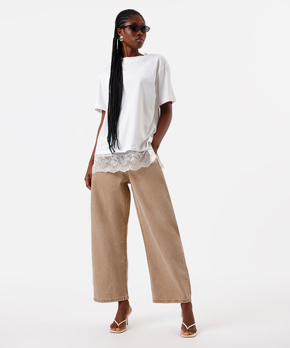 calça baggy feminina de sarja cintura média bege