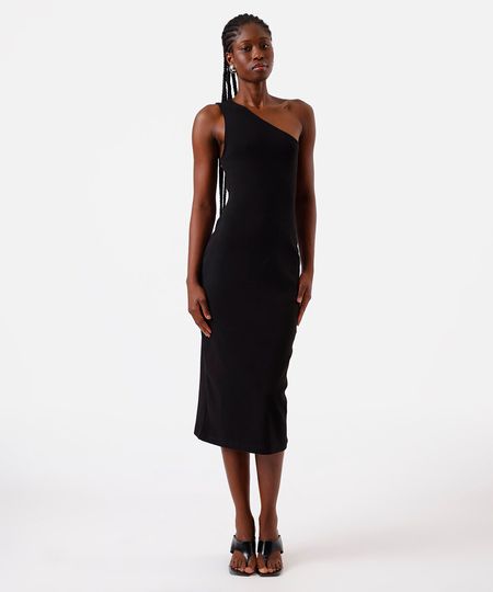 vestido midi ombro único feminino de algodão básico preto PP vestido midi ombro único feminino de algodão básico preto PP