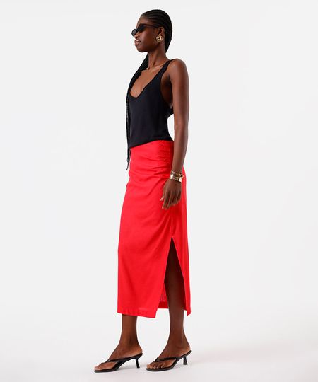 saia midi feminina com linho e fenda franzida vermelha 36 saia midi feminina com linho e fenda franzida vermelha 36