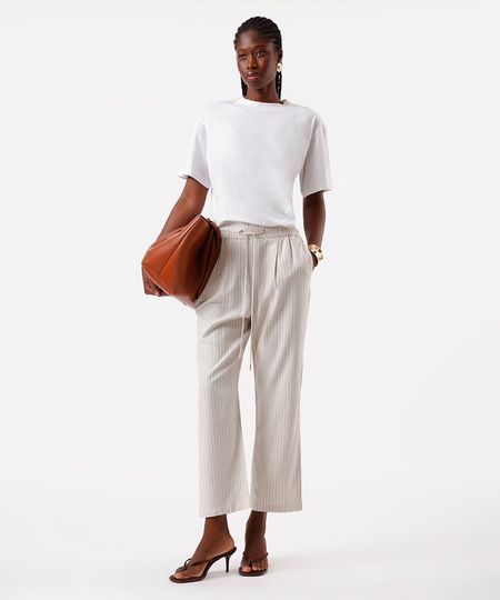 calça jogger feminina com linho listrada bege 36