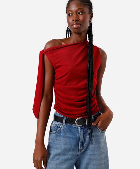 blusa feminina de tule franzida com amarração vermelha PP