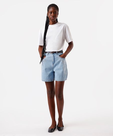 bermuda mom feminina jeans com bordado floral azul 36 bermuda mom feminina jeans com bordado floral azul 36