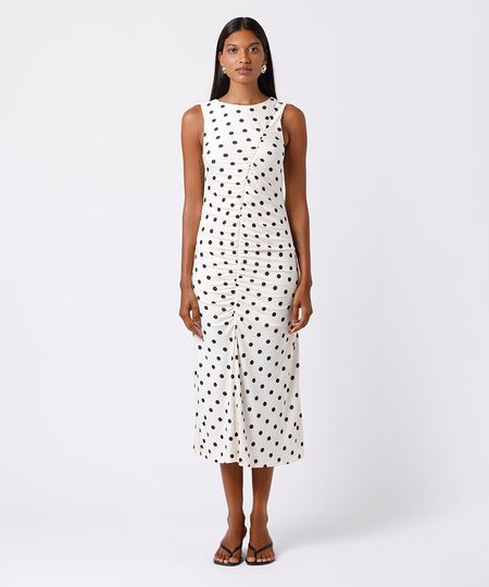 vestido midi feminino franzido poá mindset off white P vestido midi feminino franzido poá mindset off white P