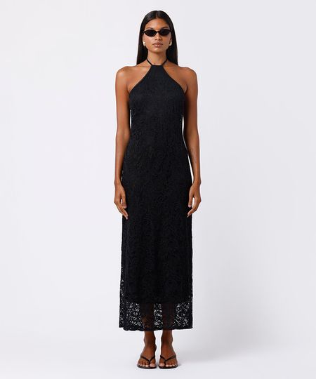 vestido longo feminino de renda frente única mindset preto P