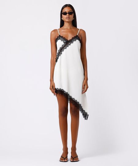 vestido slip dress feminino com renda assimétrico mindset off white PP
