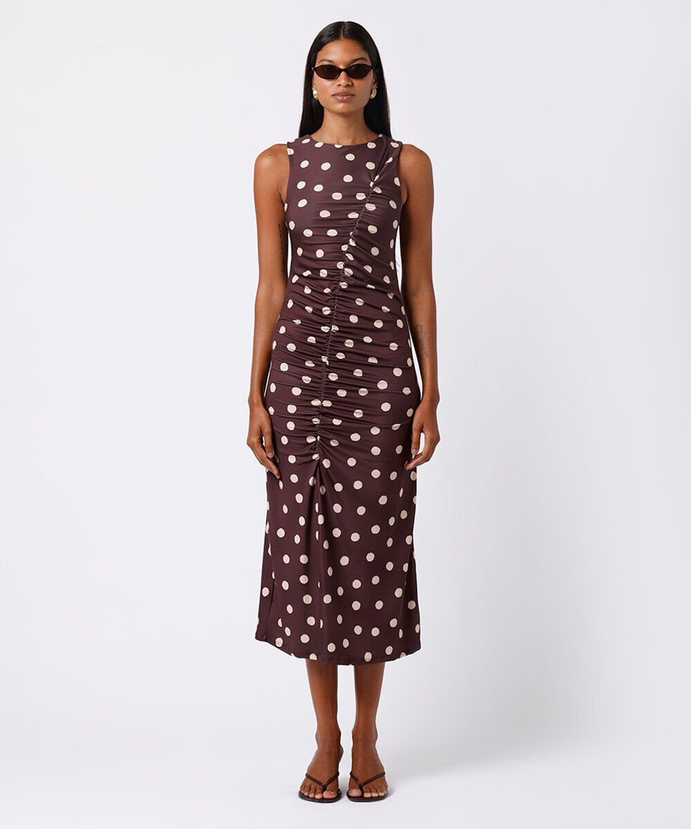 vestido midi feminino franzido poá mindset marrom