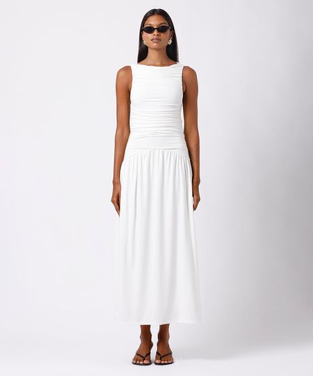 vestido midi feminino franzido mindset off white PP vestido midi feminino franzido mindset off white PP