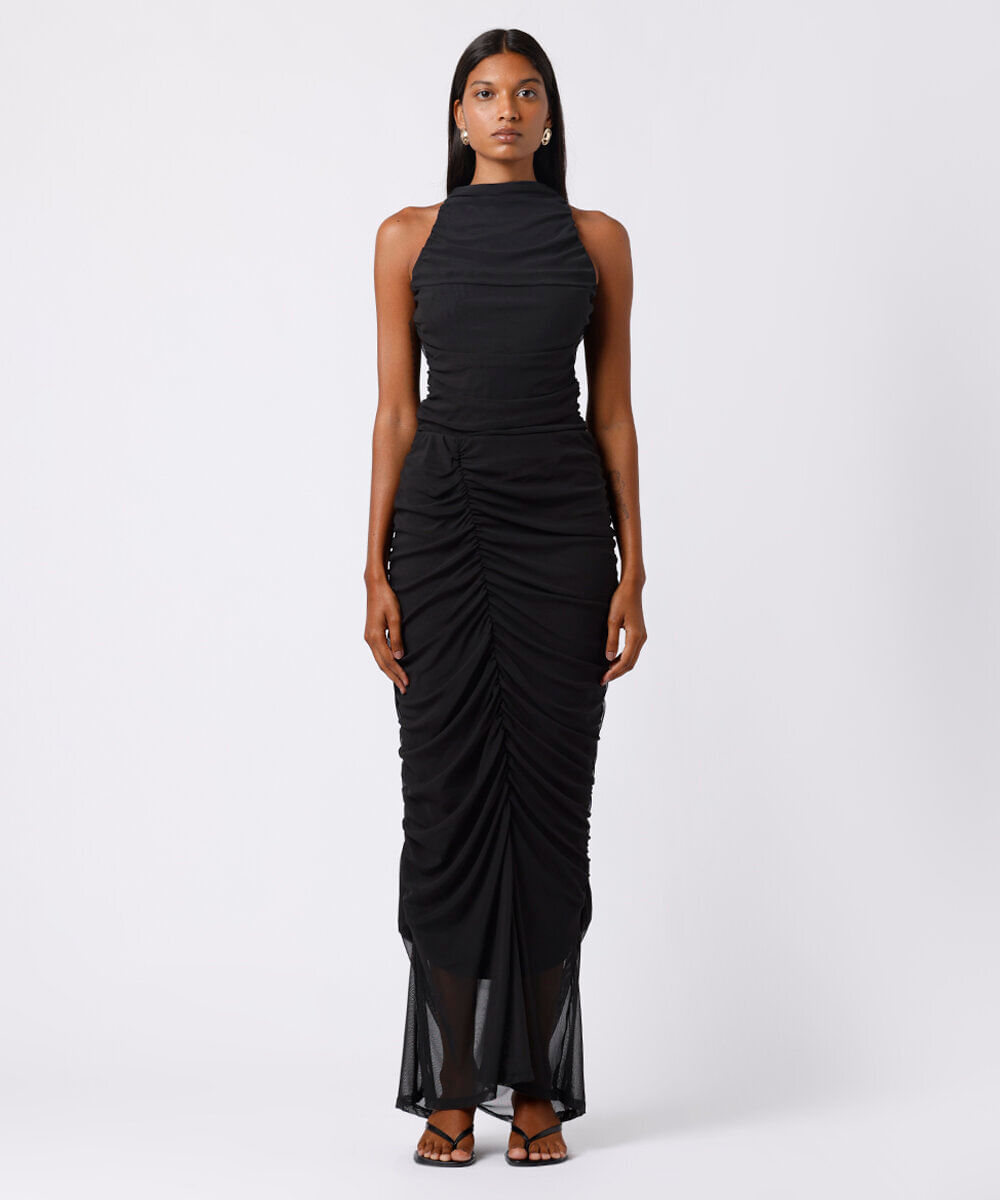 body feminino de tule halterneck franzido mindset preto