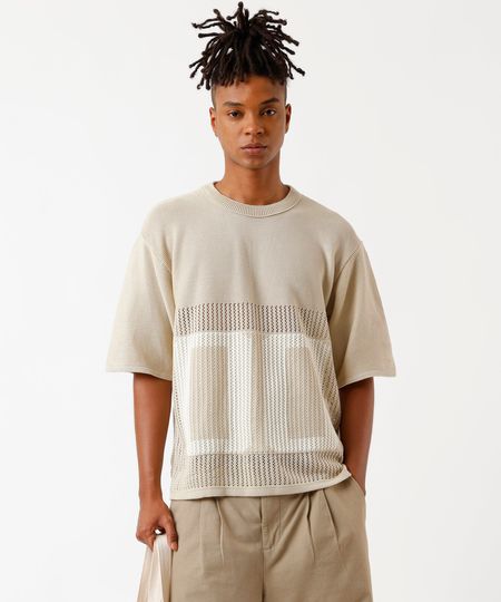 camiseta masculina oversized de tricot manga curta bege M camiseta masculina oversized de tricot manga curta bege M