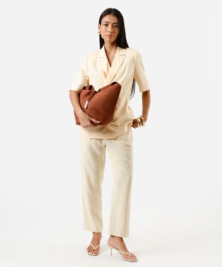 calça de alfaiataria feminina cós elástico amarela 38