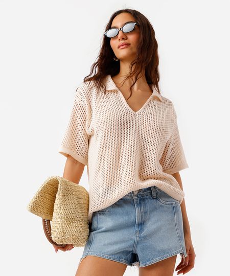polo oversized feminina de tricot bege G