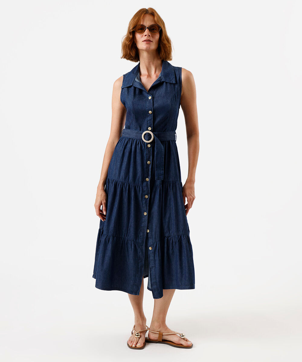 vestido midi chemise feminino jeans com recortes e cinto azul