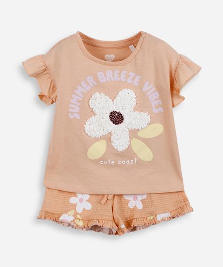 conjunto infantil de algodão com flor texturizada laranja 3