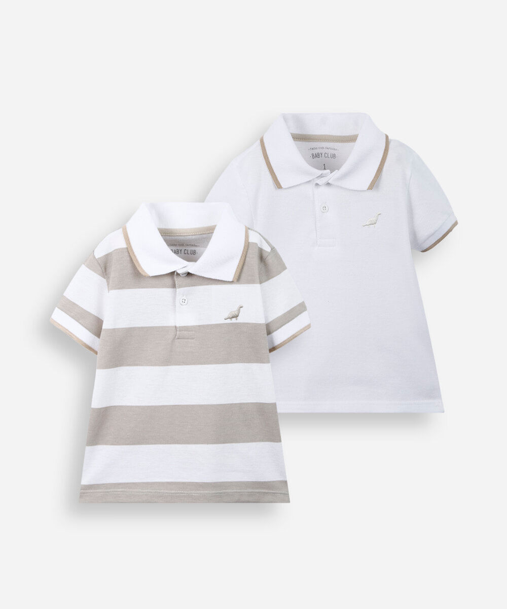 kit com 2 polos infantis de algodão manga curta bege