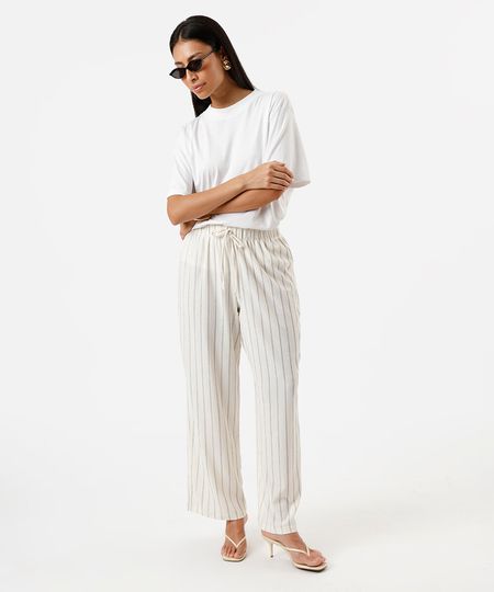 calça reta feminina texturizada listrada básica bege P