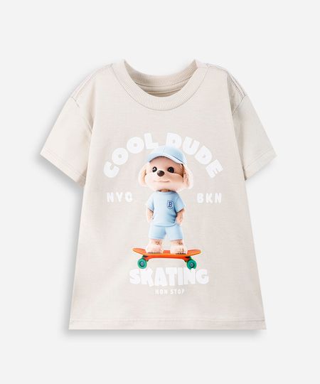 camiseta infantil de algodão com cachorro estampado bege 1
