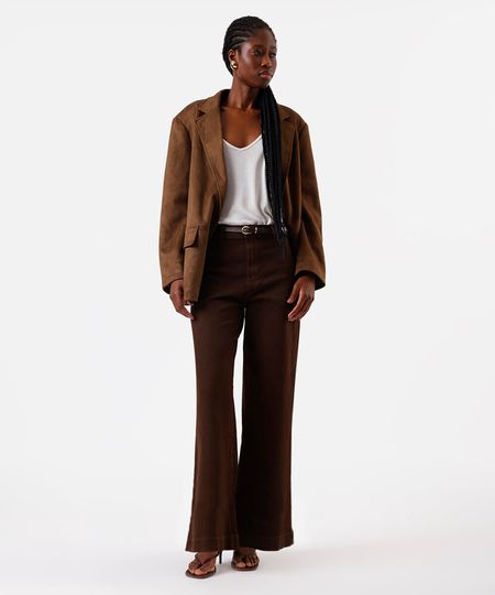 calça wide leg slim feminina de sarja com cinto marrom 46