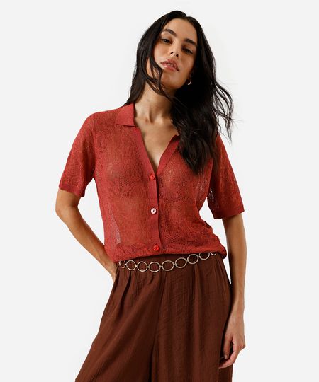 camisa feminina de tricot manga curta marrom P camisa feminina de tricot manga curta marrom P