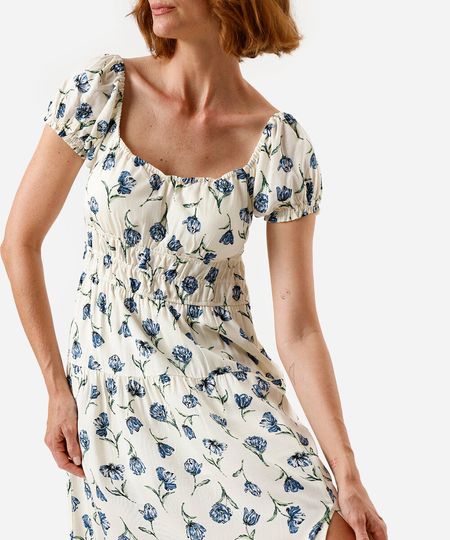 vestido midi feminino de viscose manga bufante com fenda floral off white P vestido midi feminino de viscose manga bufante com fenda floral off white P