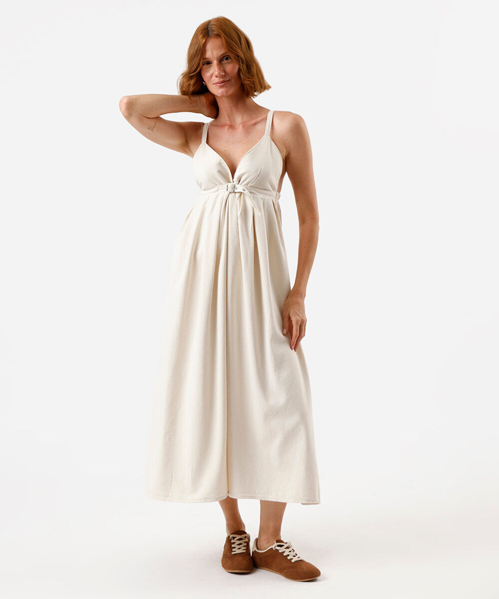 vestido midi feminino de sarja com pregas off white