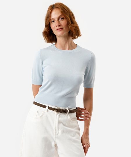 blusa cropped feminina de tricot manga curta azul M