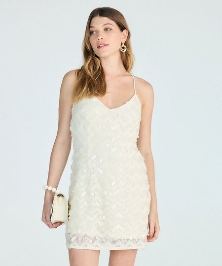 vestido curto alça fina feminino de paetê com babado bege M