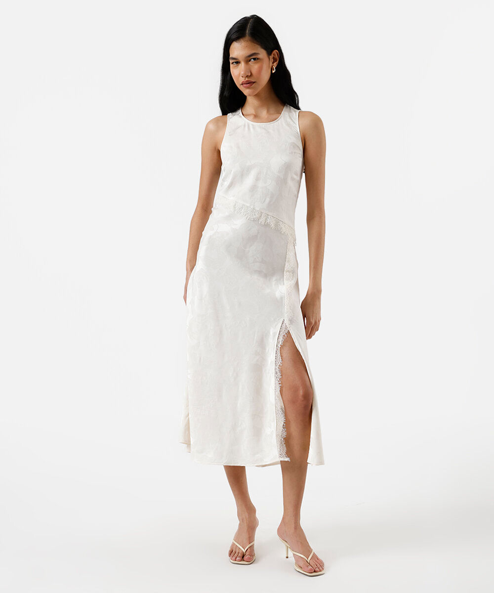 Vista 2 vestido midi feminino de jacquard com renda floral off white C&A Dourado C&A Dourado