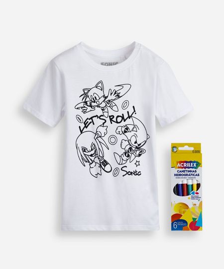 camiseta infantil de algodão sonic com brinde canetinhas laváveis off white 4 camiseta infantil de algodão sonic com brinde canetinhas laváveis off white 4