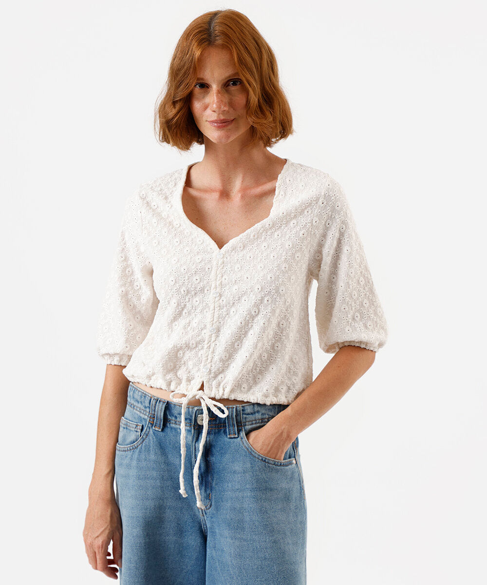 blusa feminina de laise manga bufante off white