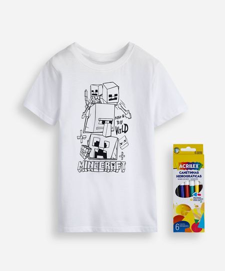 camiseta infantil de algodão minecraft com brinde canetinhas laváveis off white 6 camiseta infantil de algodão minecraft com brinde canetinhas laváveis off white 6