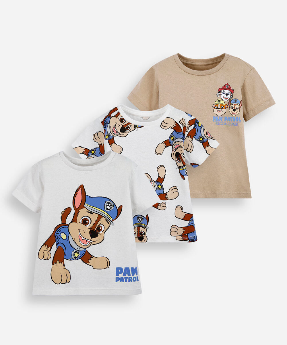 kit de 3 camisetas infantil de algodão patrulha canina colorido