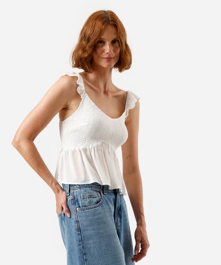 blusa alça fina feminina com lurex franzida off white P blusa alça fina feminina com lurex franzida off white P