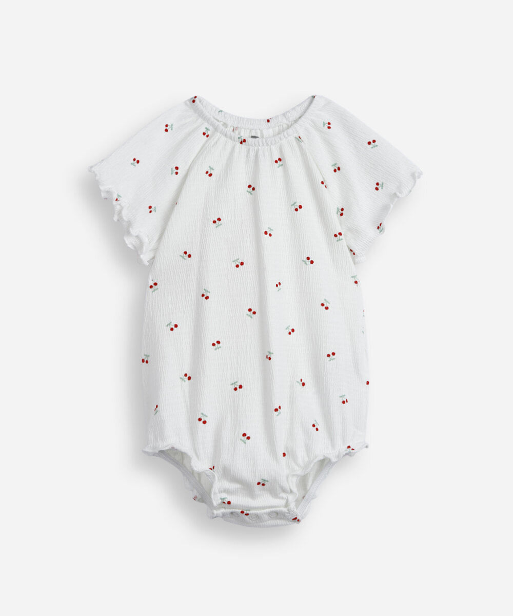 body infantil de algodão cerejas texturizado off white