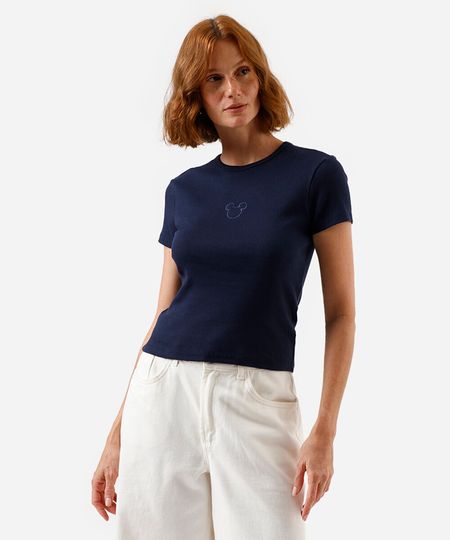 blusa baby look feminina de algodão mickey azul PP