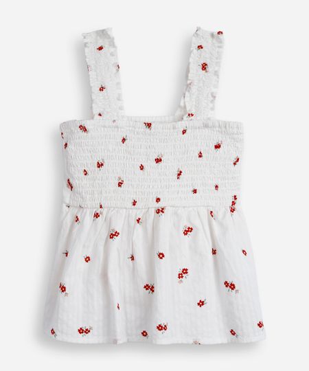 blusa infantil de algodão com franzida floral off white 12