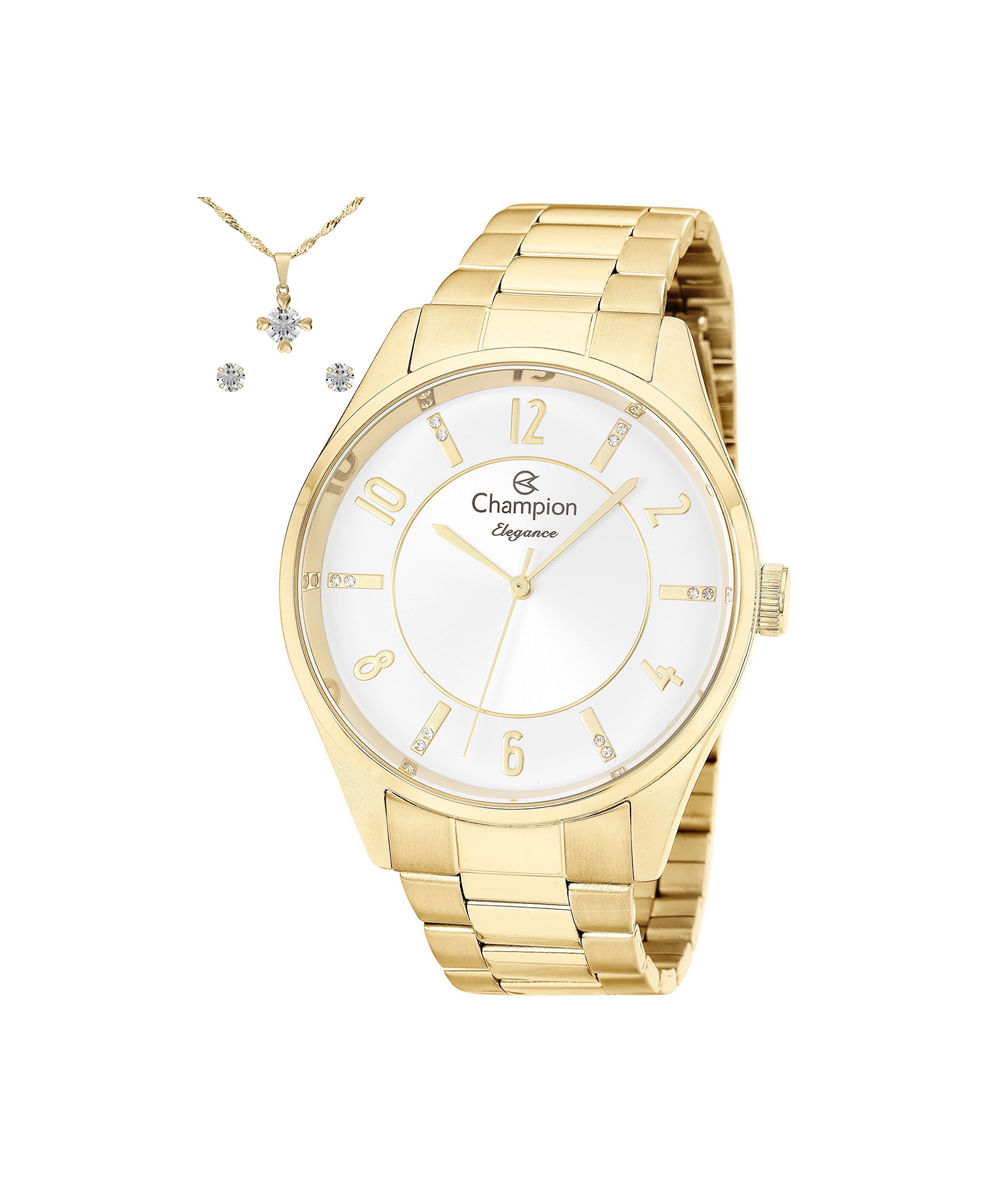 kit relógio feminino champion analógico cn26288w dourado