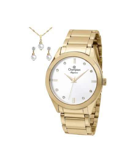 kit relógio feminino champion analógico cn25930w dourado UNICO