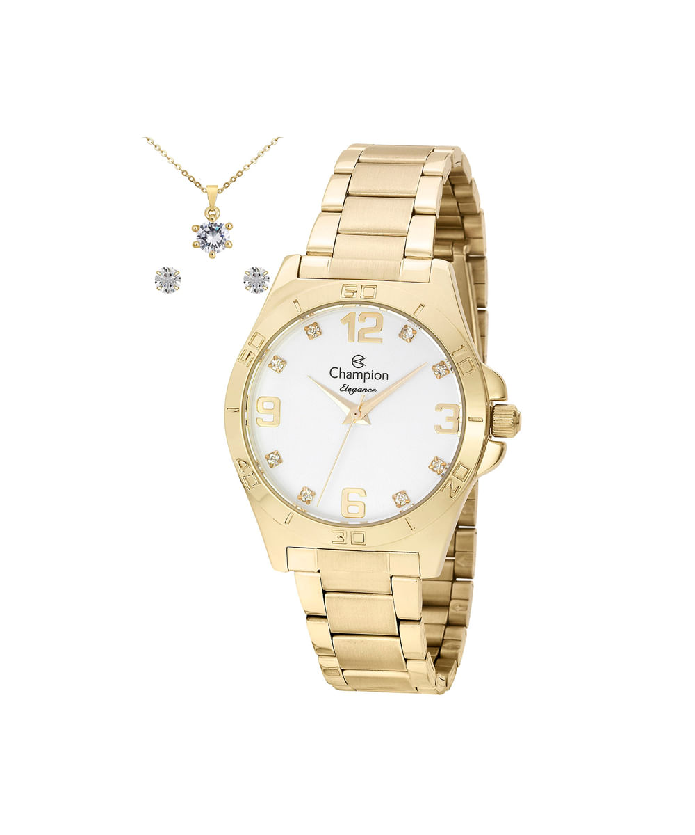 kit relógio feminino champion analógico cn28446w dourado