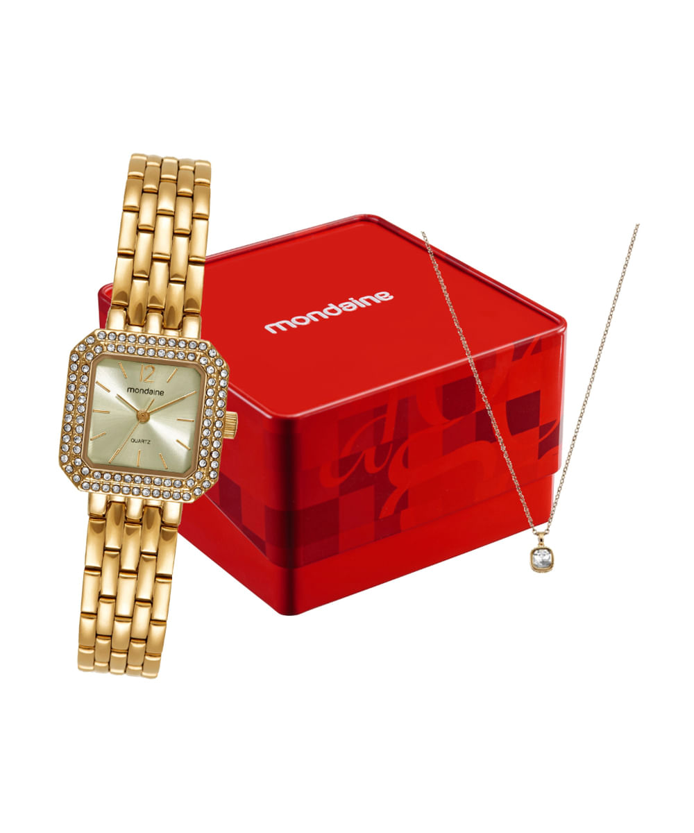 kit relógio feminino mondaine analógico 32988lpmvde1kc dourado
