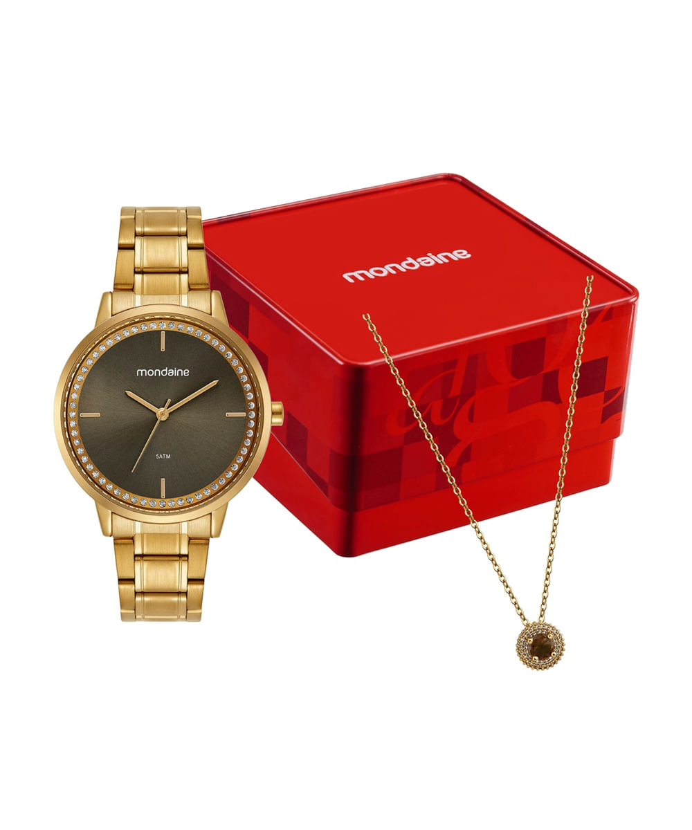 kit relógio feminino mondaine analógico 32962lpmkde2k1 dourado