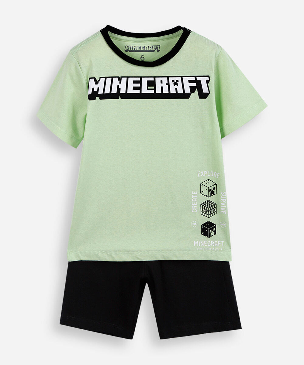 conjunto curto infantil de algodão minecraft verde