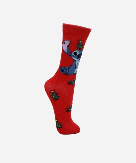 meia cano alto stitch natal vermelha 37-40