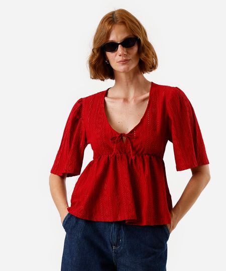 bata feminina de laise manga curta vermelha GG