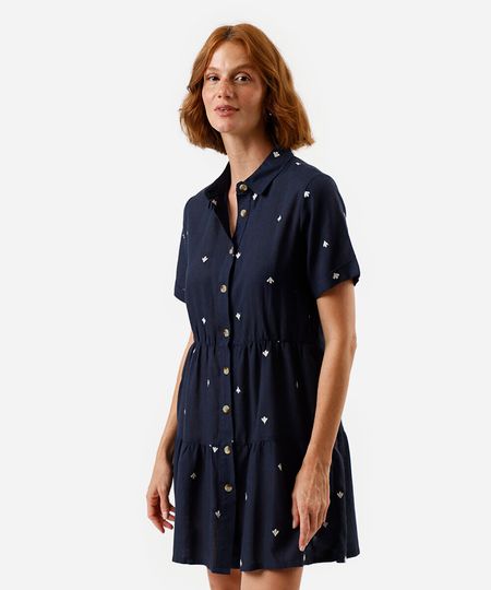 vestido curto chemise feminino com linho bordado azul M vestido curto chemise feminino com linho bordado azul M