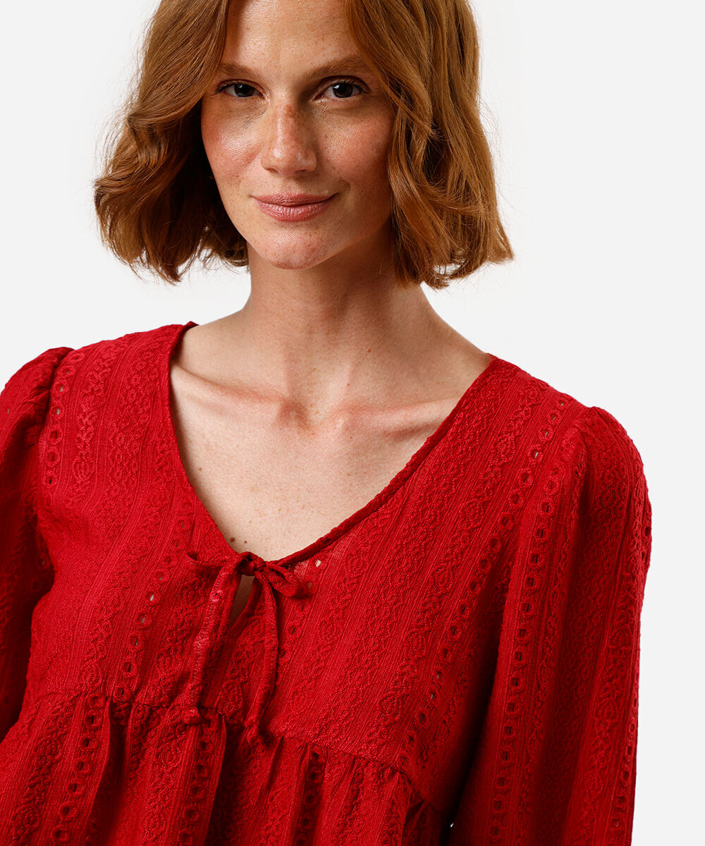 bata feminina de laise manga curta vermelha