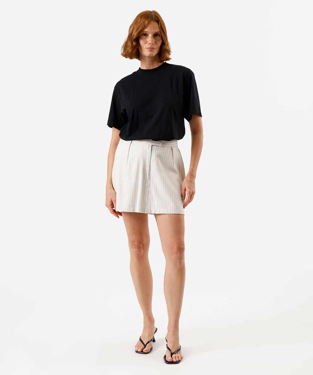 short saia feminino com linho risca de giz bege